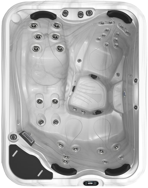 Overhead view of an empty, square, white hot tub with various jet and seat configurations.