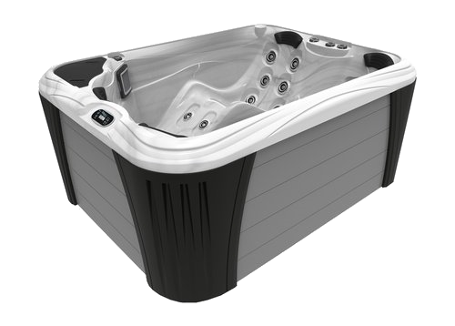 Gray and black rectangular hot tub with interior seating and jets.