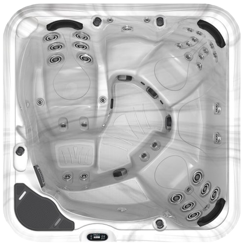 Overhead view of a gray and white hot tub with multiple seating areas and jets.
