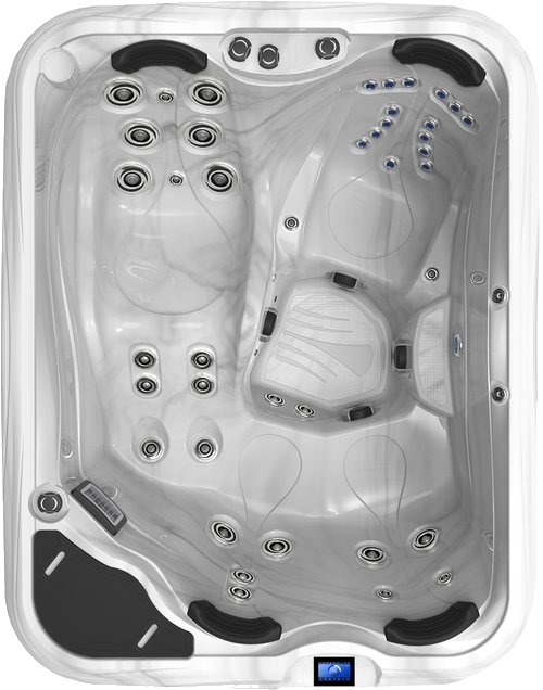 Top-down view of a rectangular, light-colored hot tub with multiple jets and seating areas.