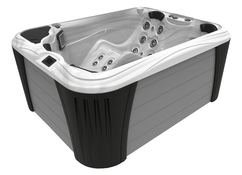 Gray and black hot tub with white trim, featuring jets and a control panel.