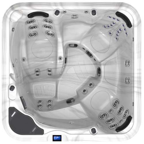 Overhead view of a white, multi-person hot tub with various jet configurations.