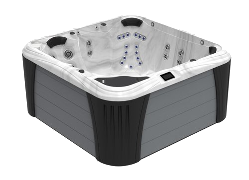 Square hot tub with gray and black exterior, white interior.