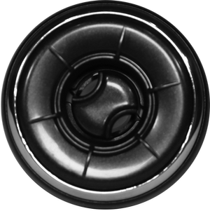 Black speaker, circular, with center dome, metal frame, and surrounding rubber.