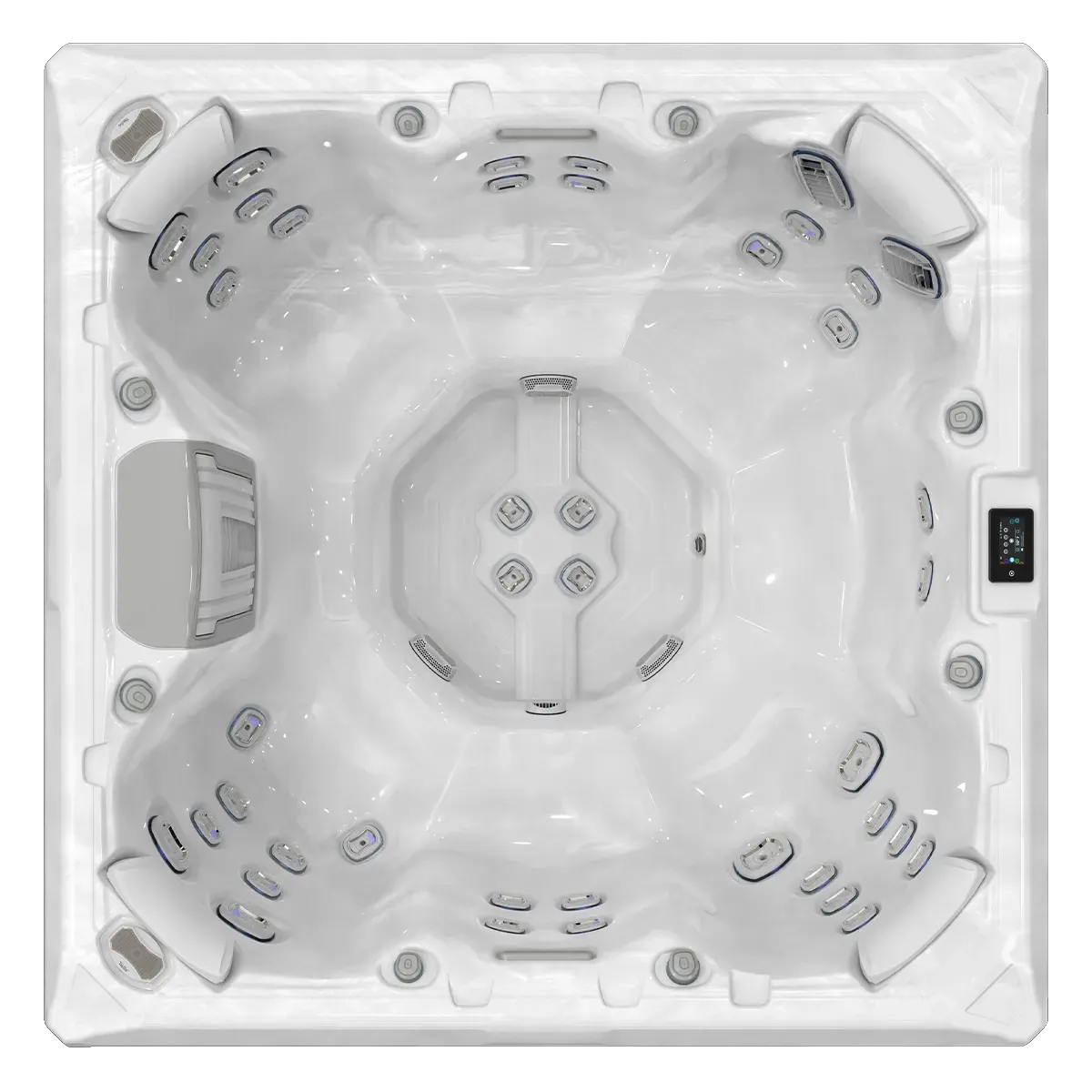 Overhead view of a white, square hot tub with multiple jet seating areas and control panel.