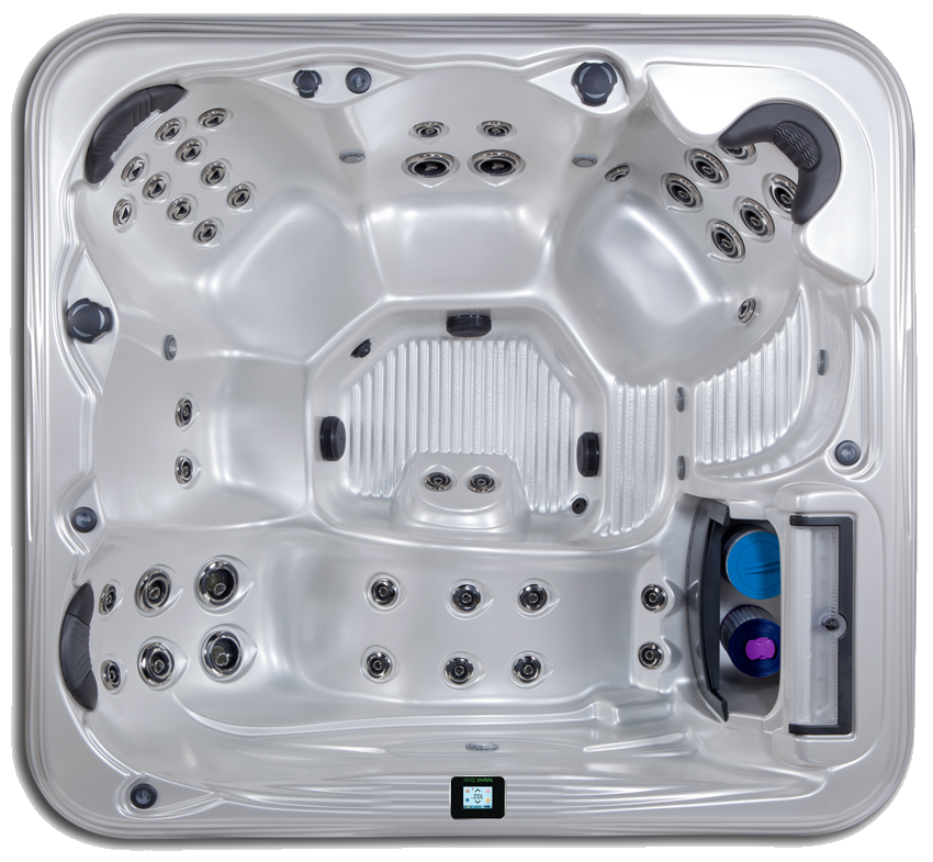 Top-down view of a rectangular, silver-colored hot tub with multiple seating areas and jets.