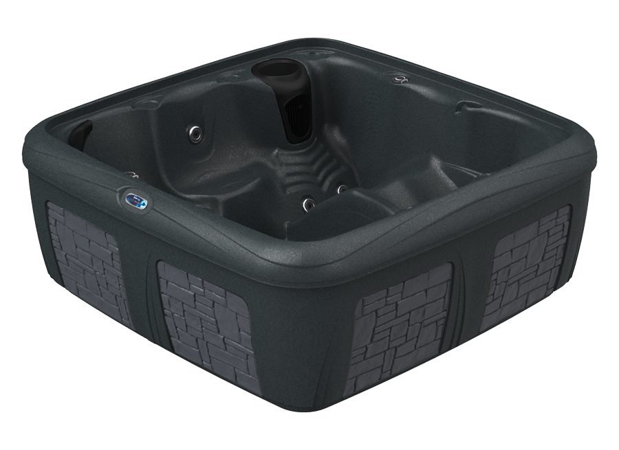 Dark grey square hot tub with textured panels.