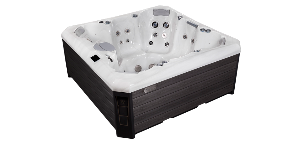 Rectangular hot tub with dark brown exterior and white interior, multiple jets, set against a white background.
