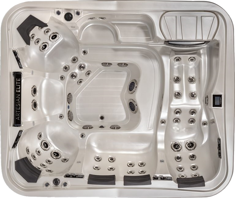 Overhead view of an Artesian Elite hot tub with various seating areas and jets. Beige-colored interior.
