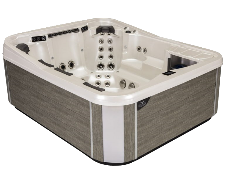 Hot tub with gray wood-look sides, white trim, and multiple jet openings.