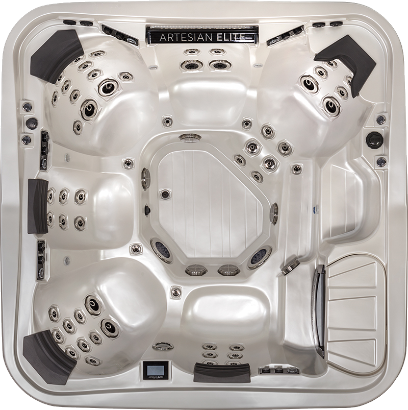 Overhead view of a square, pearl-colored Artesian Elite hot tub with multiple jet configurations and seating areas.