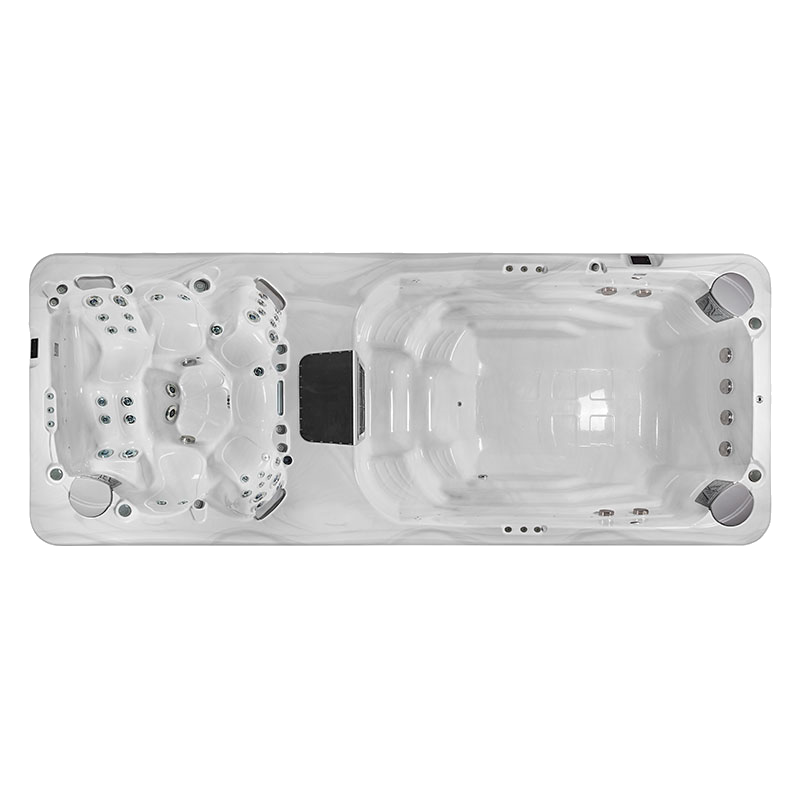Overhead view of a white swim spa with two sections: a hot tub and swim area.