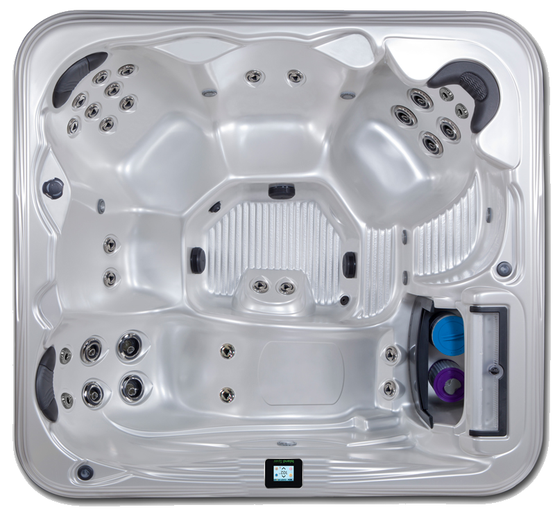 Overhead view of a white, multi-person hot tub with various jet configurations.