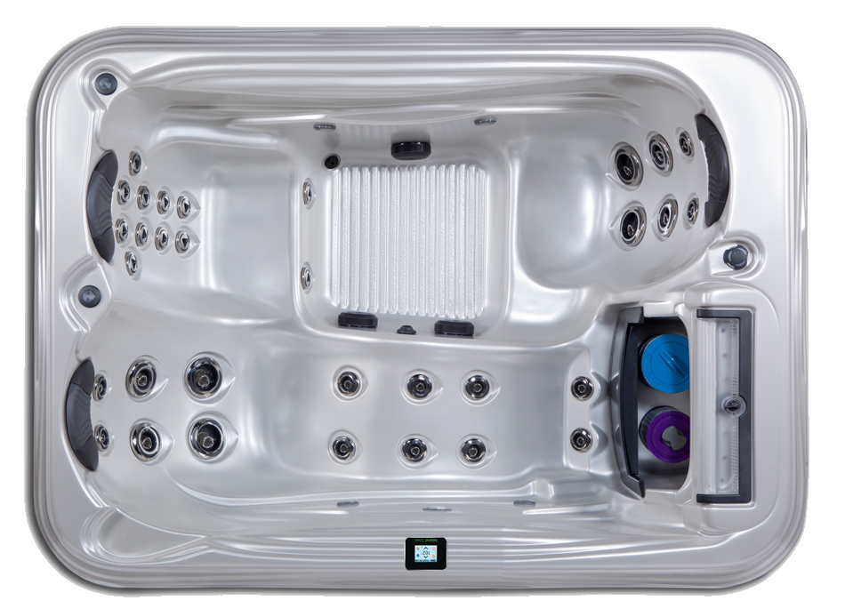 Overhead view of a rectangular, light-colored hot tub with multiple jets, seats, and a filter compartment.