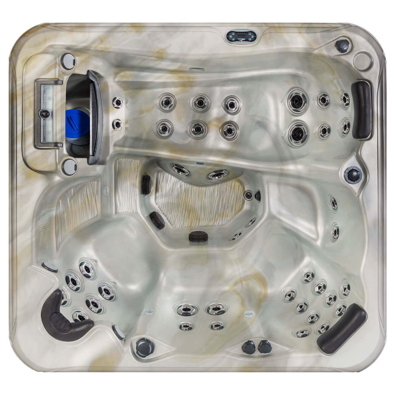 Overhead view of a dual-zone hot tub with multiple jets, seating areas, and a control panel.