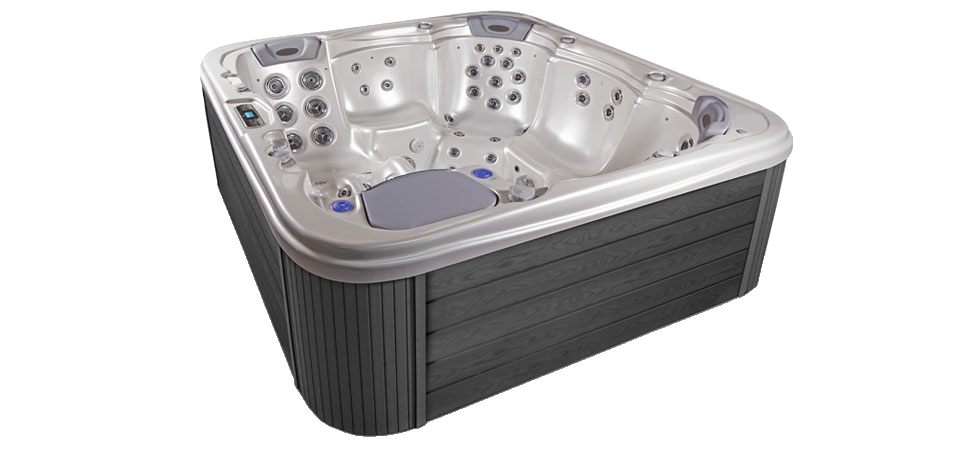 Hot tub, gray exterior with white interior, jets and controls visible.