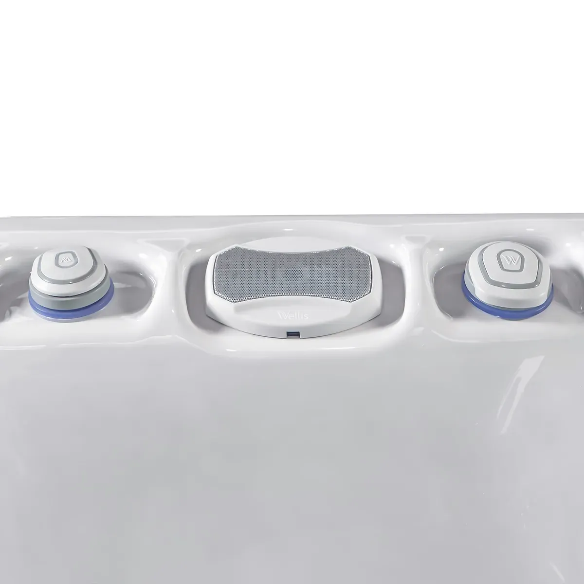 Close-up of a hot tub control panel with two round buttons and a rectangular speaker.