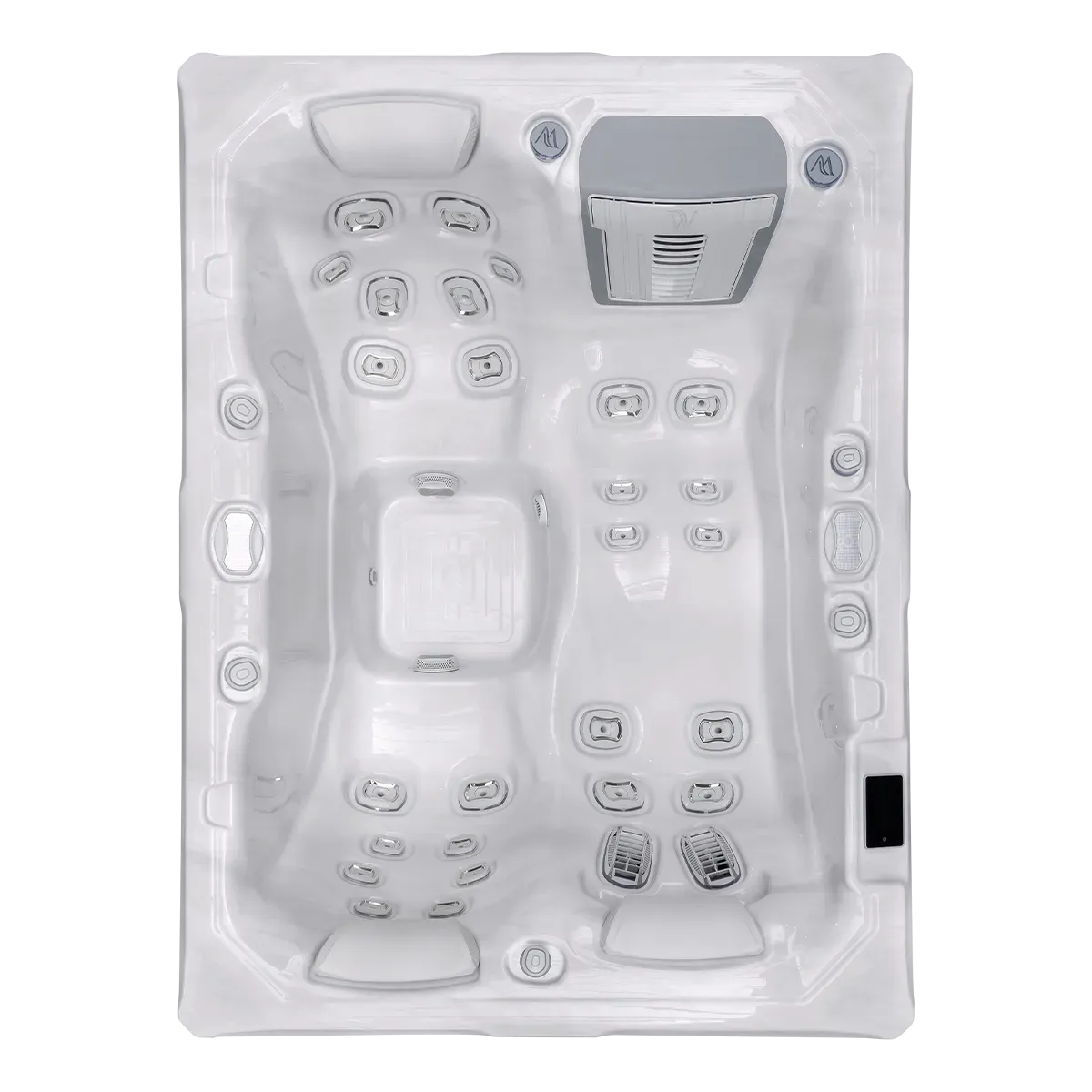 Top-down view of a white, rectangular hot tub with multiple jets, seating areas, and a control panel.