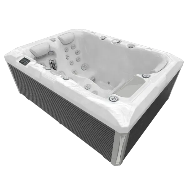 Rectangular hot tub, white interior, gray exterior panels, control panel, jets, and headrests.