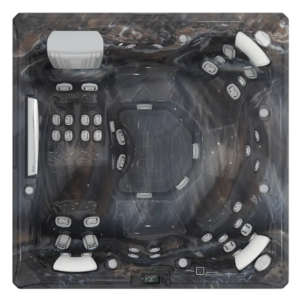Overhead view of a square hot tub with seating, jets, control panel, and dark marble-like interior.