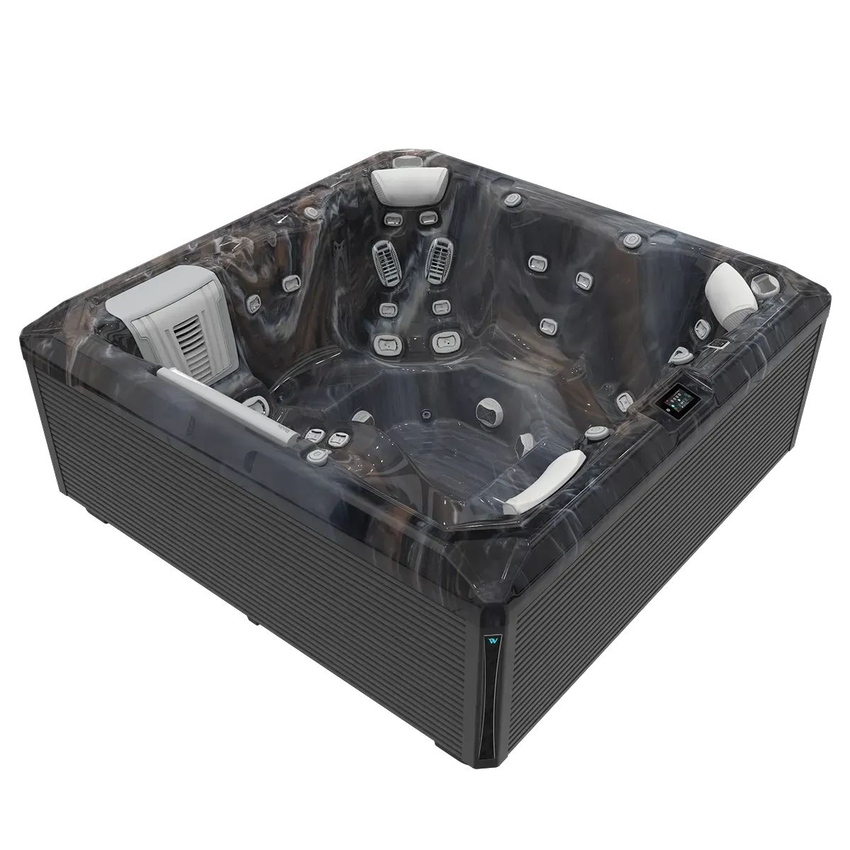 Dark gray hot tub with marbled interior.