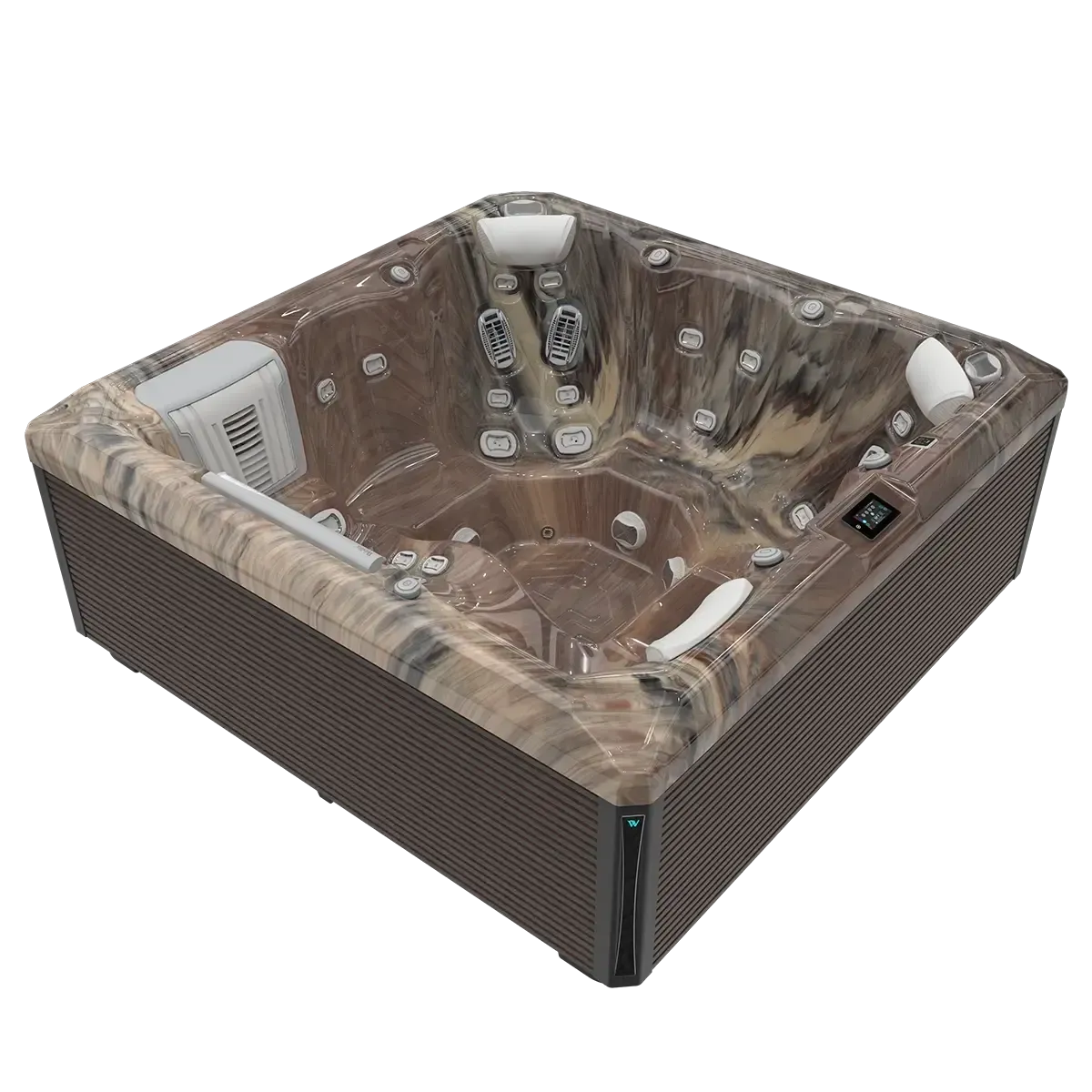 Brown and marble hot tub with seating and jets, outdoors.