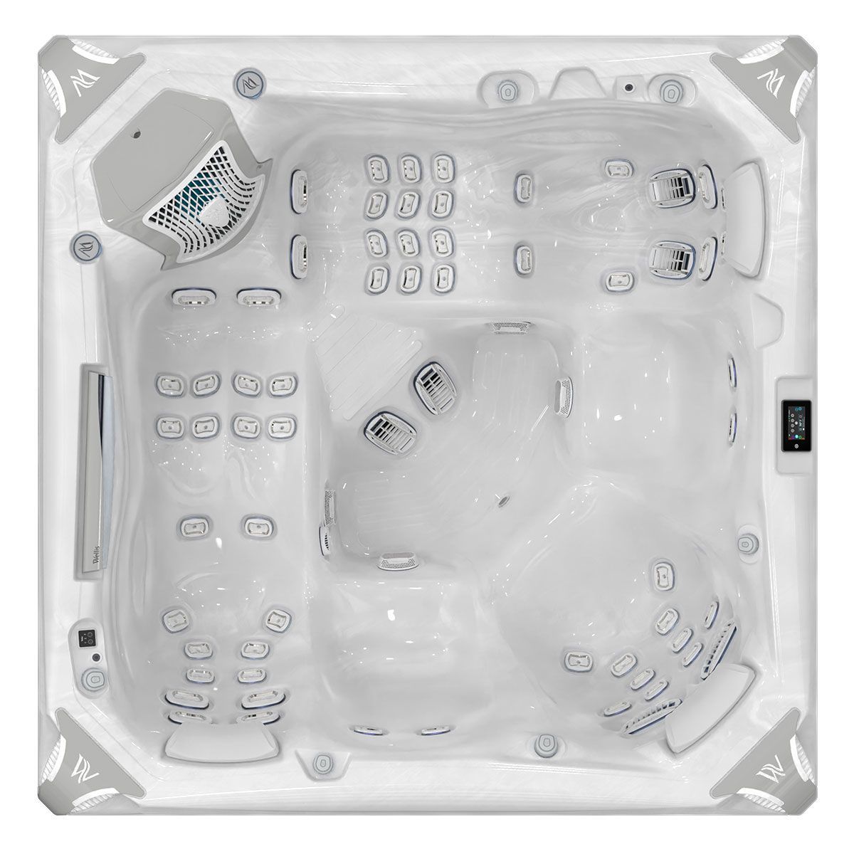 Overhead view of a white hot tub with clear water, multiple seating areas, and jets.