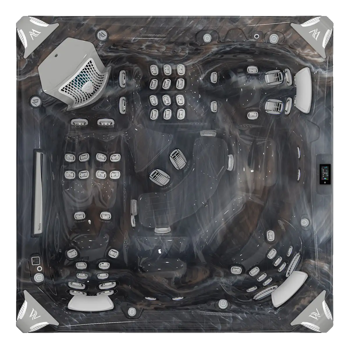 Top-down view of a dark gray hot tub with multiple jet seats, control panel, and a water feature.