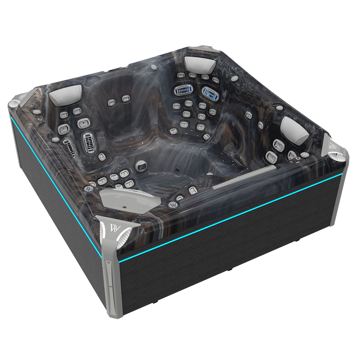 Dark-colored square hot tub with turquoise trim and multiple jets.