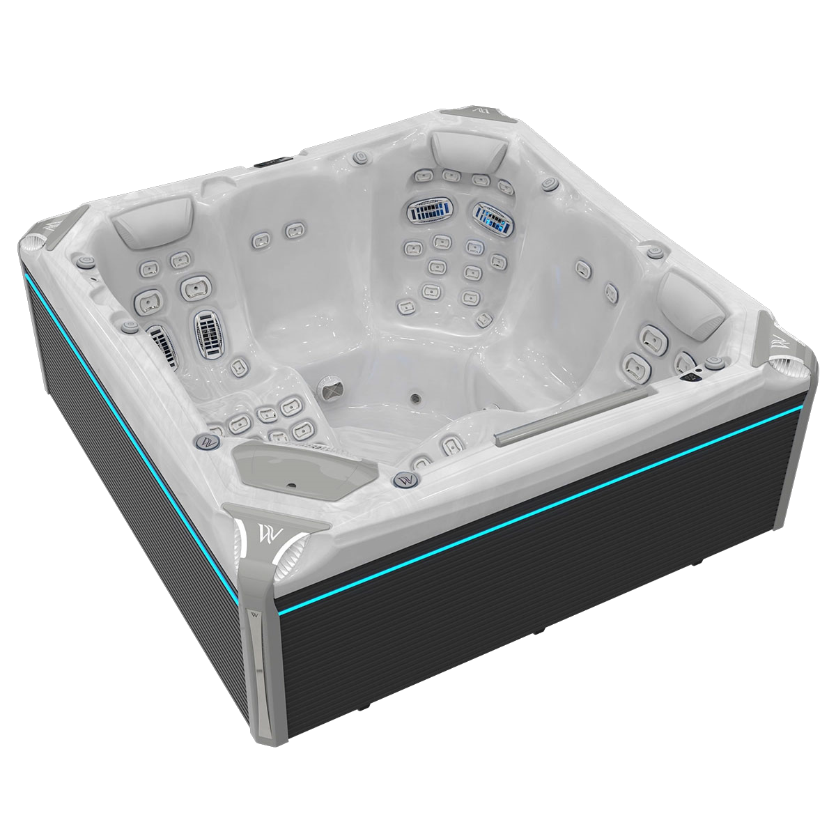 Square hot tub with gray and black exterior, blue accents, and white interior.