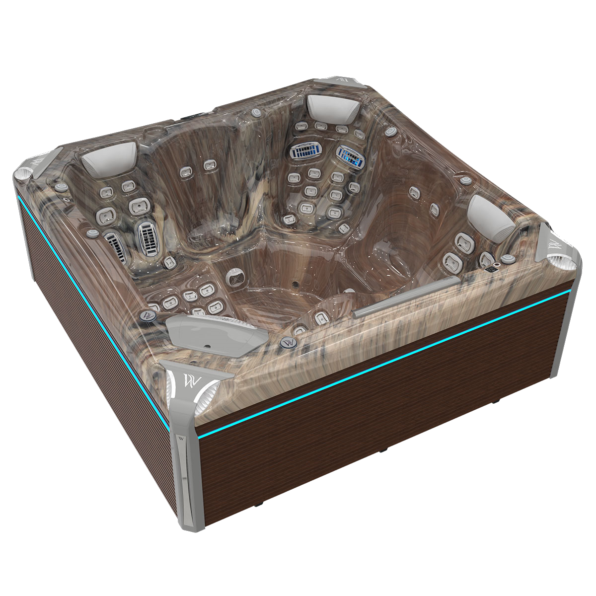 Brown hot tub with marbled interior, brown siding, and blue accent lights.