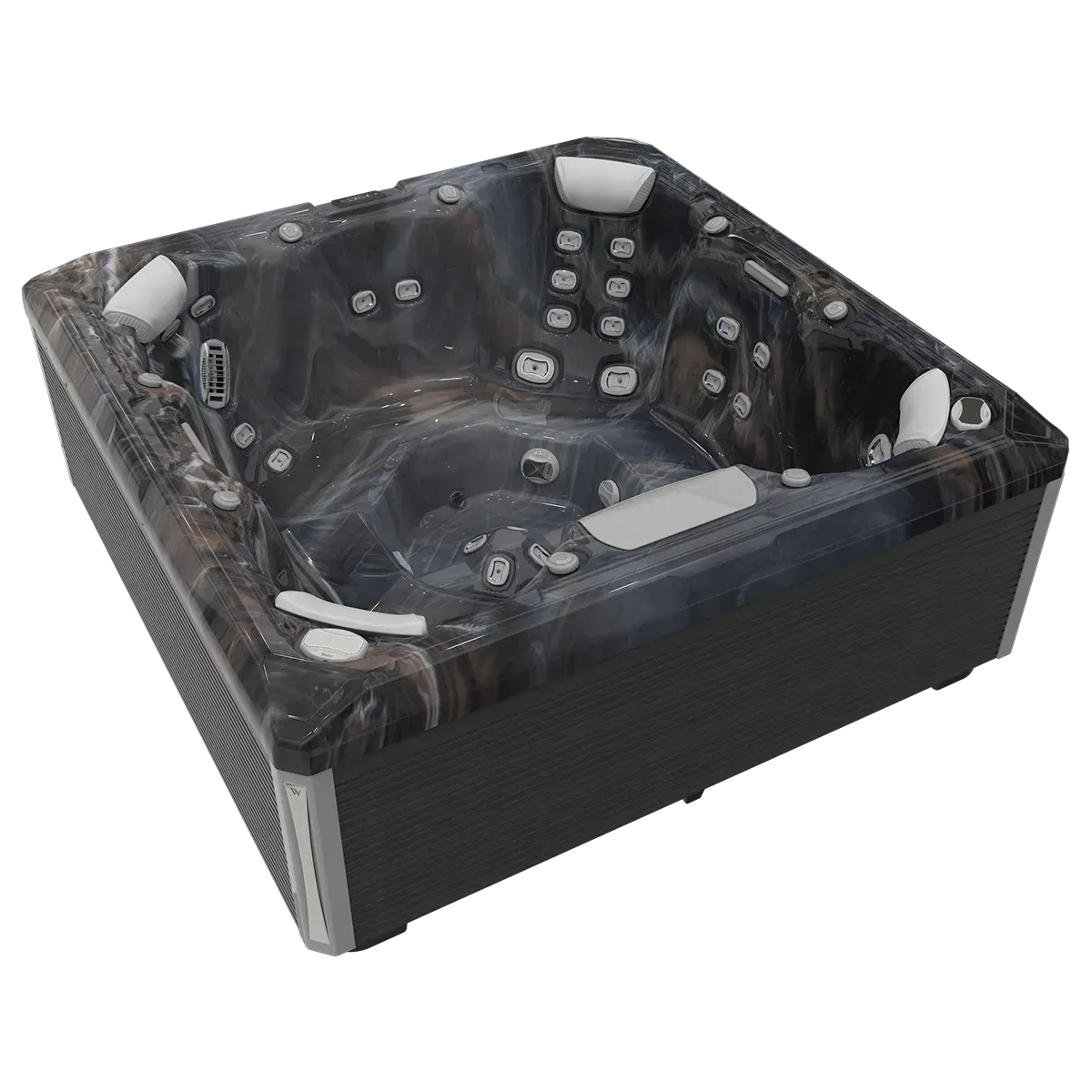 Square hot tub with dark marbled interior and gray exterior paneling.