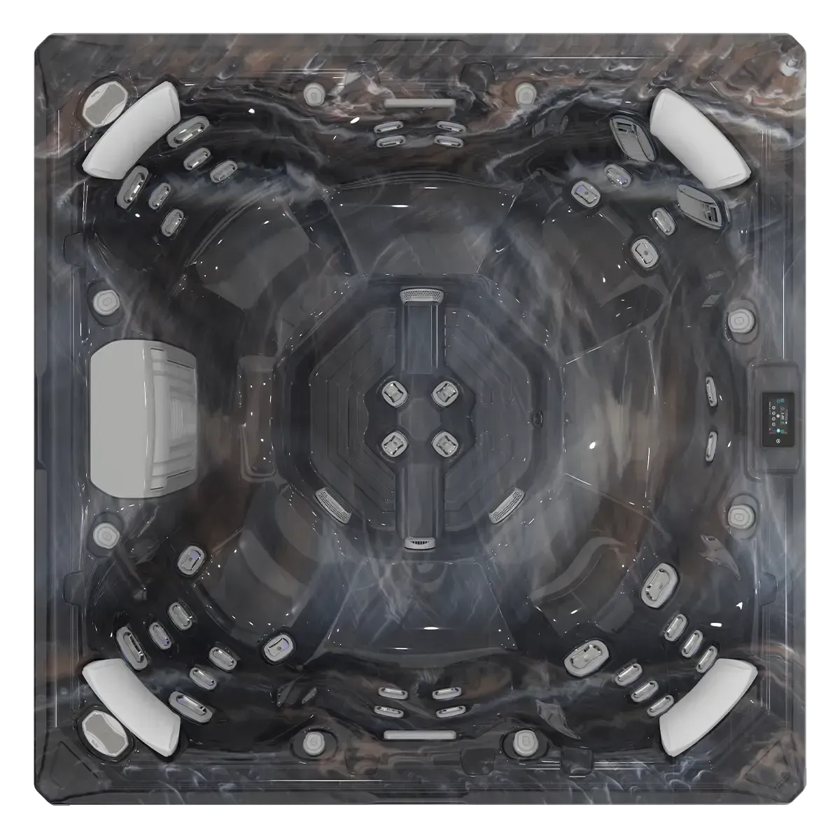 Overhead view of a black and white marbled hot tub with seats and jets, a control panel, and a white side box.