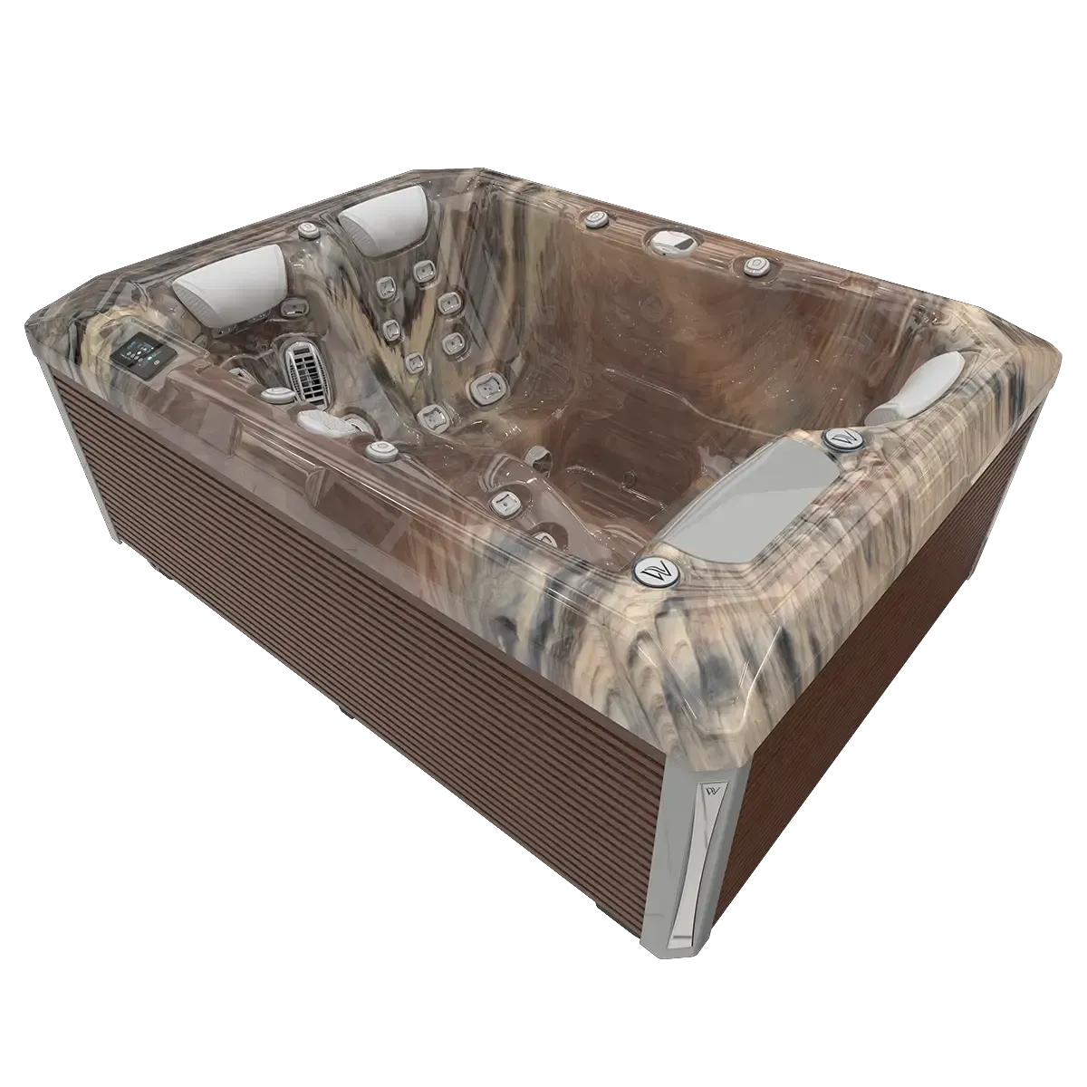A rectangular brown hot tub with multiple jets, control panel, and textured exterior.