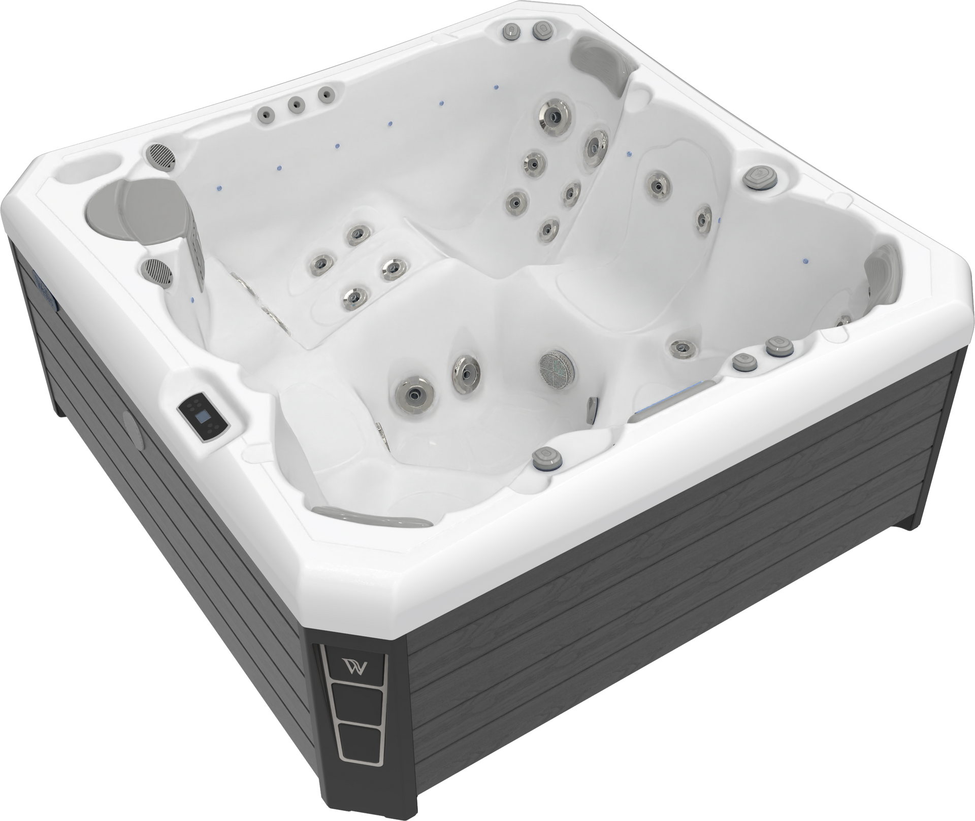 Gray and white hot tub with multiple jets and control panel.