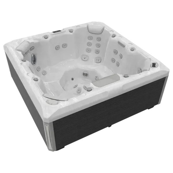 Square hot tub with gray cabinet, white interior, and multiple water jets.