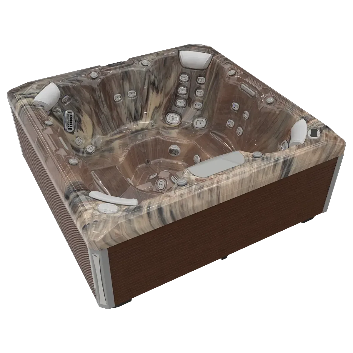 Brown and tan hot tub with multiple jets and seats.