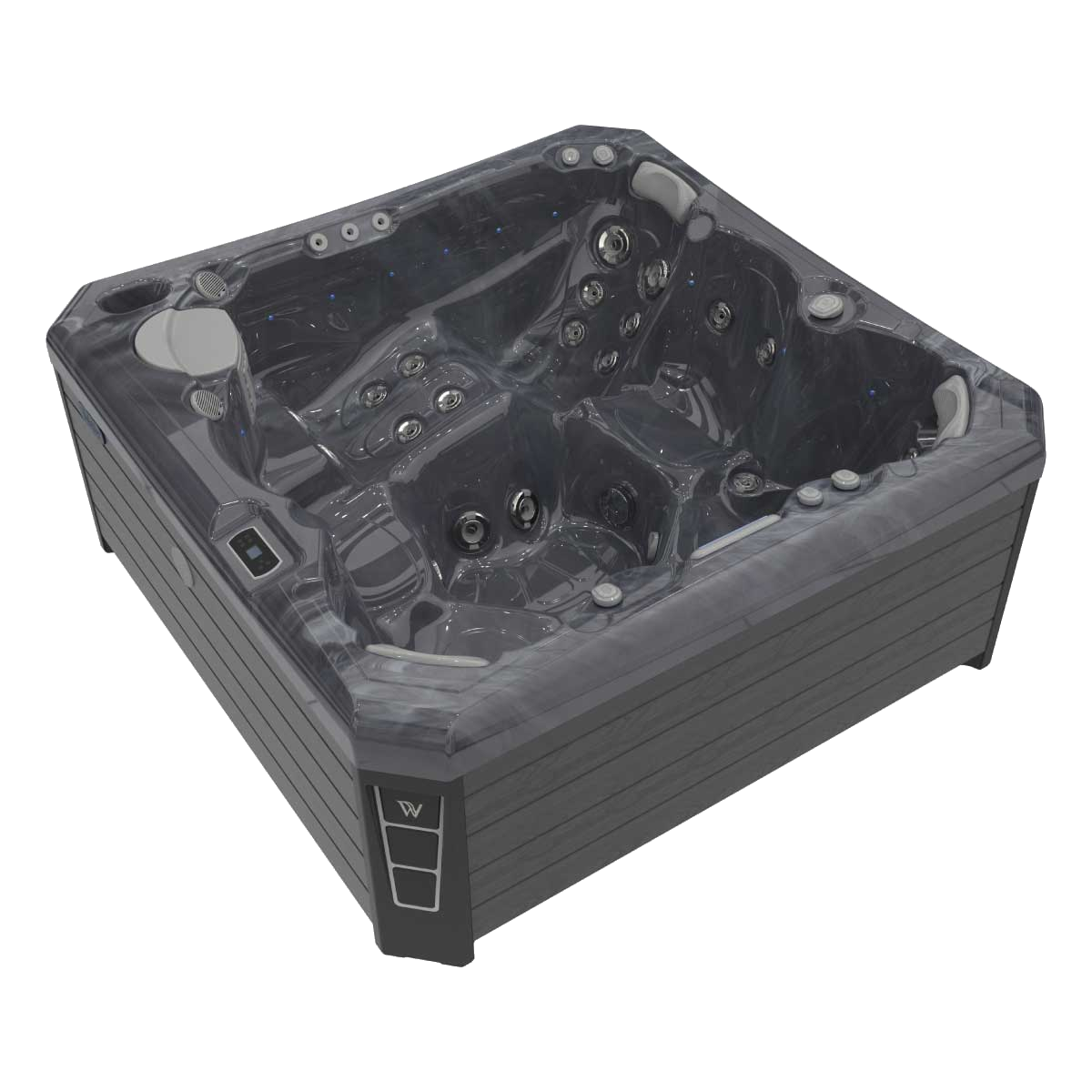 Dark gray, square hot tub with multiple jets, control panel, and textured exterior.