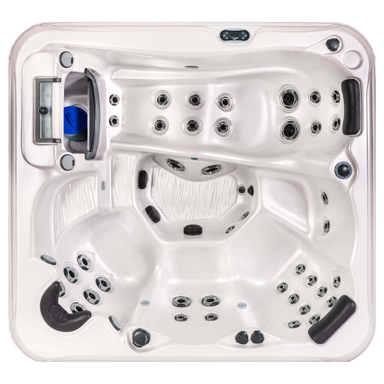 Overhead view of a white, multi-person hot tub with jets and control panel.