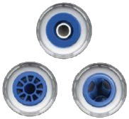 Three bottle caps: top view, varying blue interior designs.