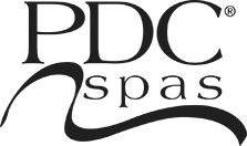 PDC spas logo with stylized wave. Black text on white: 