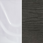 White glossy surface next to dark woodgrain pattern.