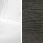 Left side: white glossy surface. Right side: dark gray wood grain.