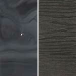 Two wood grain samples: a dark, glossy blue-gray (left) and a matte, dark brown-gray (right).