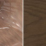 Two-panel image. Left: Clear liquid pooling on light brown surface. Right: Dark brown wood grain.