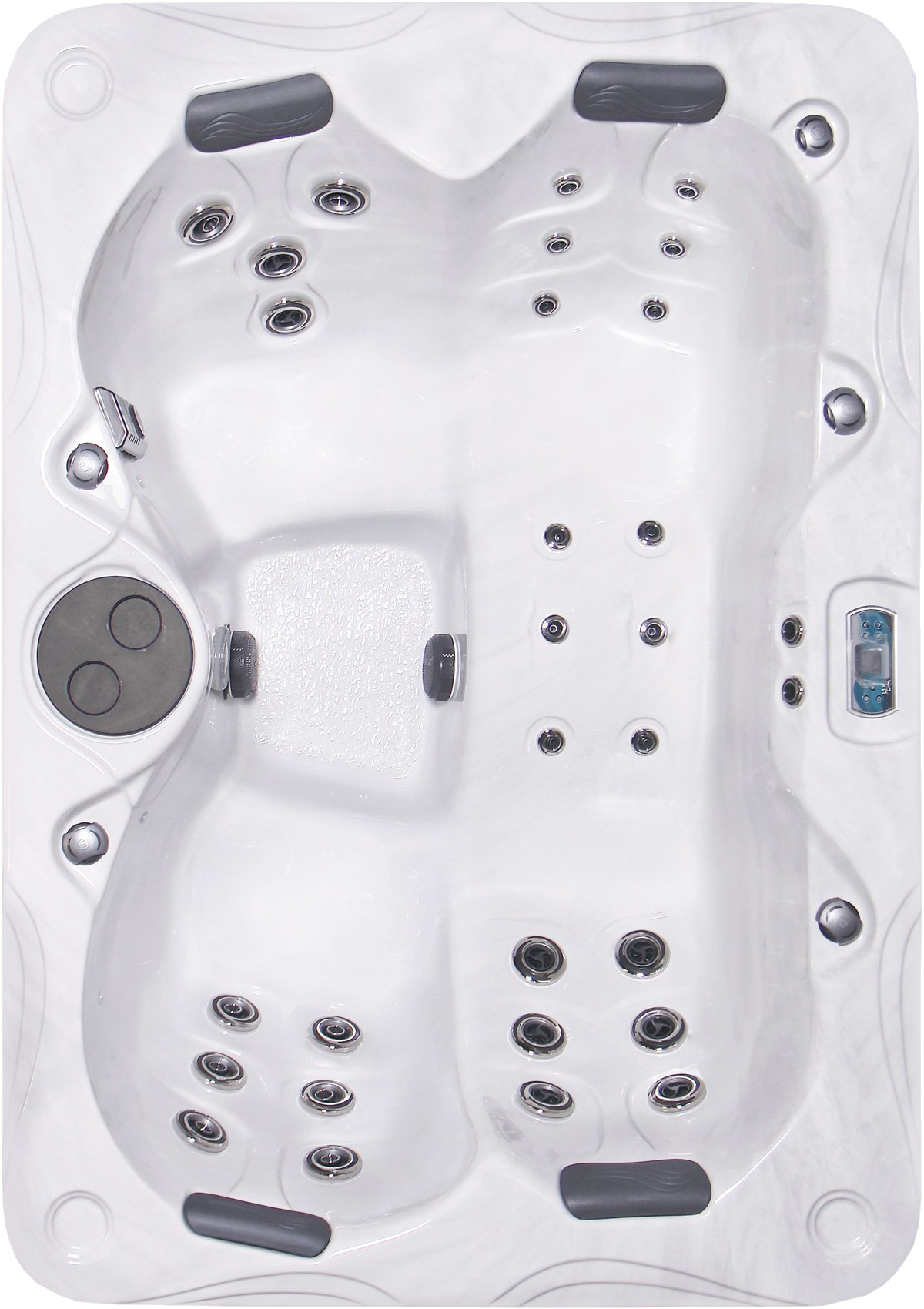 Overhead view of a white hot tub with multiple jets, seating areas, and control panel.