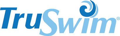 TruSwim logo with a wave design in blue and light blue.