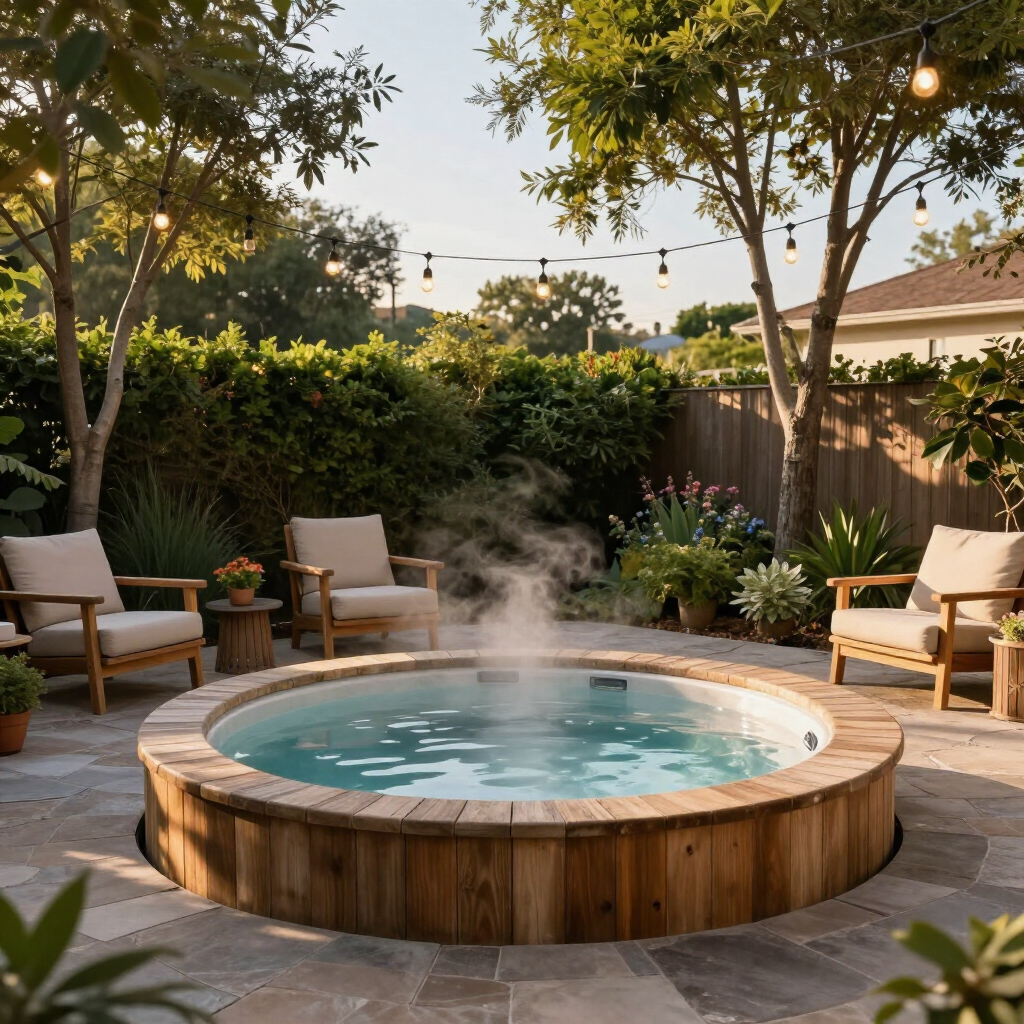 Cozy backyard patio with a round hot tub, lounge chairs, string lights, and lush greenery at dusk