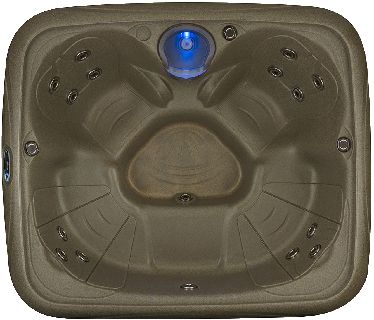Brown hot tub with two seating areas and blue illuminated light.
