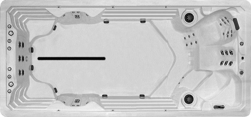 Overhead view of a rectangular swim spa with two seated areas and a swimming lane.